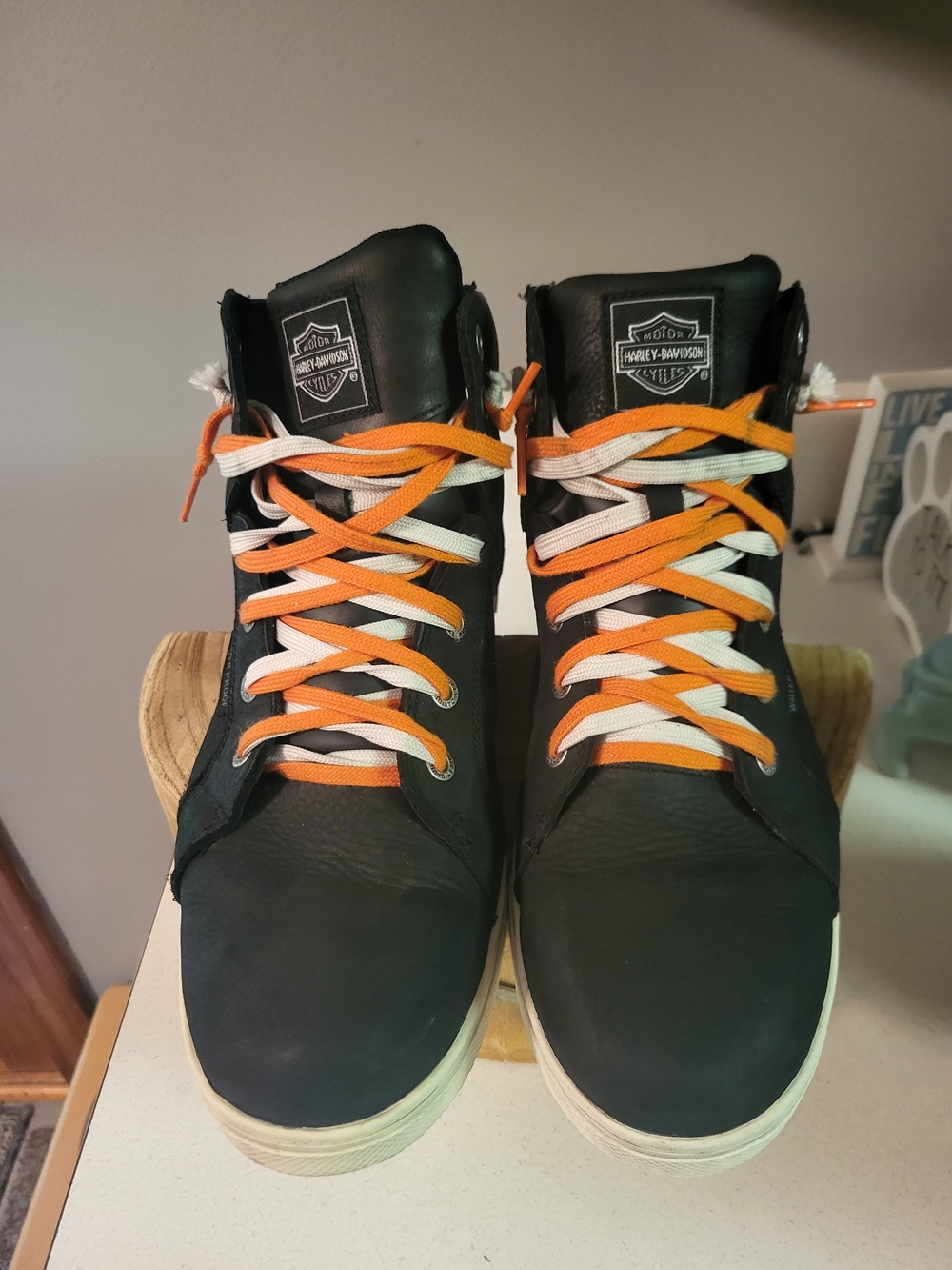 Harley-Davidson Black High-Top Boots with Orange and White Laces